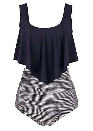 Aidotop Damen Badeanzug Rüschen Zweiteilige High Waist Bikini Retro Sätze mit hoher Taille Bademode Strandkleidung(8black Stripe,M)