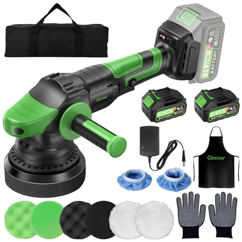Ginour 21V Akku Poliermaschine mit 2x3Ah Akkus - Hochleistungs-Poller für Auto mit bürstenlosem Motor und 3 Geschwindigkeiten (2000-6000 RPM), ideal für Profis und Anfänger. Inklusive 17-teiligem Zubehörset für vielseitige Anwendungen.