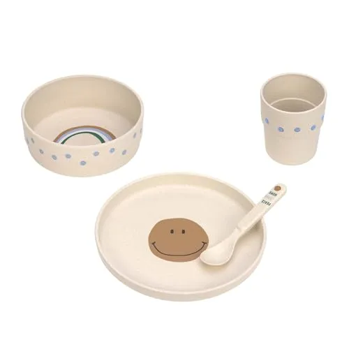 Dish Set PP/Cellulose Happy Rascals Smile - Kindergeschirr in Himmelblau - Nachhaltiges Kinderbesteck-Set mit Teller, Schälchen, Becher und Löffel. Rutschfester Halt und spülmaschinen- sowie mikrowellengeeignet für praktischen Einsatz.