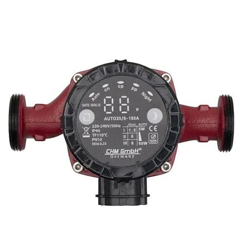 CHM GmbH® Hocheffizienzpumpe 25-80/180 - Wärmepumpe mit automatischer Regelung, Nachtabsenkung und extrem leisen Betrieb unter 43dB - ideal für Heizungsanlagen und Fußbodenheizung.