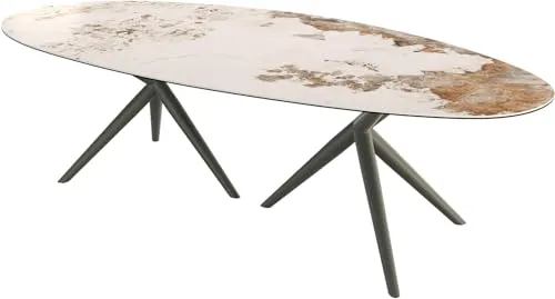 DELIFE Esstisch Edge Oval Keramik Minas Melange Weiß-Beige 280x130 Estelar rund Metall Effektfinish Titan