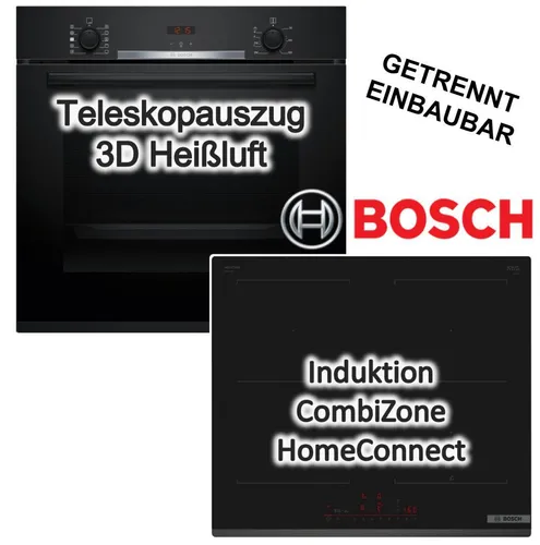 BOSCH Herdset: Backofen mit Hydrolyse und Induktionskochfeld 60 cm - Entdecken Sie das BOSCH Herdset mit autarkem Backofen und Induktionskochfeld. Der Teleskopauszug und die Hydrolyse-Reinigung erleichtern die Nutzung und Pflege, während die moderne Technik effizientes Kochen unterstützt.