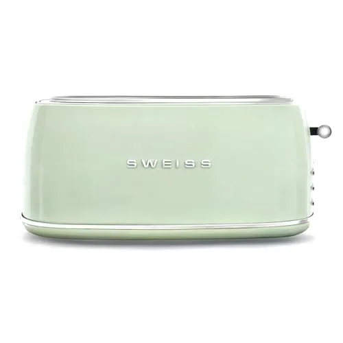 SWEISS Vintage Toaster GRV7 Grün - Toaster im Retro-Design, ideal für Baguettes mit 6 Bräunungsstufen und extra breitem Schlitz für gleichmäßiges Toasten. Inklusive Holzzange für sicheres Entnehmen.