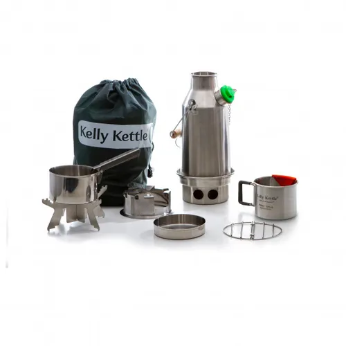 Kelly Kettle Trekker Kit Edelstahl 0.6L - Wasserkocher für schnelles Kochen mit Holz, Zweigen oder Gras. Ideal für Outdoor-Abenteuer, wind- und wetterfest. Inklusive Kochaufsatz und Topf für vielseitige Nutzung.