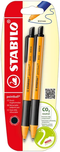 Druck-Kugelschreiber STABILO pointball - 2er Pack schwarz, rutschfeste Griffzone und nachfüllbar für optimales Schreibgefühl