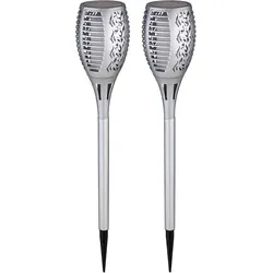 Solarlampen für außen Garten - Flammeneffekt Steckleuchte 2er Set - Lampen für den Außenbereich mit Flammeneffekt und IP44 Schutz. Die silbernen Solarleuchten sorgen für stimmungsvolle Beleuchtung und sind einfach überall im Garten platzierbar.