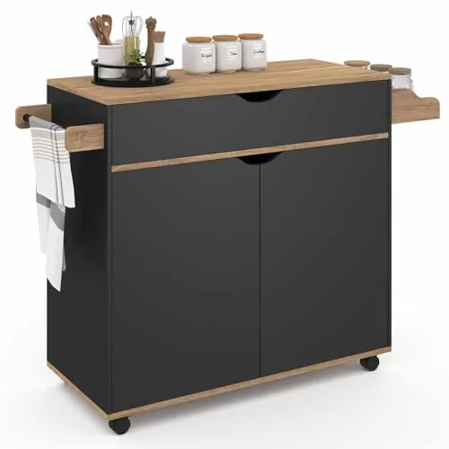 IDMarket Küchenwagen COSY XXL mit schwarzer Schublade und Buchenholzplatten - Moderner Küchenwagen mit großzügigem Stauraum und stilvollem Design. Ideal für die praktische Nutzung in jeder Küche.