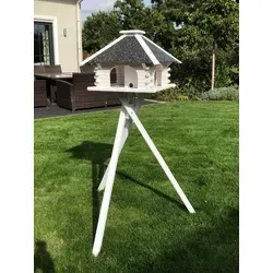 DSH DEKO SHOP HANNUSCH Vogelhaus V 20 Stein weiss mit Ständer - Vogelhäuser, stilvolles Design mit Solarbeleuchtung für eine attraktive Futterstelle im Garten.