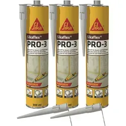Sikaflex-PRO-3 Dichtstoff 3er Set - Witterungsfester Dichtstoff in Betongrau, ideal für Außenanwendungen, inkl. 5 Düsenspitzen für präzise Anwendung.