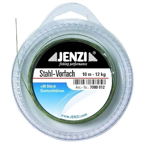 Jenzi Stahlvorfach auf 10-m-Spule mit 20 St. Quetschhülsen. 12 kg. Tragkraft