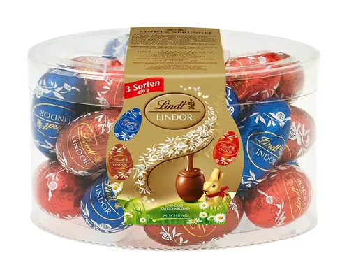 Lindt Lindor Ostereier Pralinen Mischung - 25 Stück - Genießen Sie die zarte Schokoladenfüllung der Lindor Ostereier. Ideal für Ostern und perfekt zum Verschenken oder Selbstverwöhnen. Ein Genuss für Schokoladenliebhaber! Sie sind in einer bunten Mischung erhältlich und sorgen für Freude.