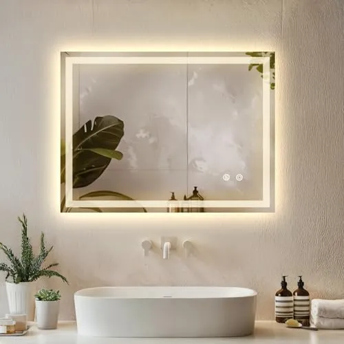 LED-Badezimmerspiegel Clara - dimmbar & 3 Lichtfarben (50 x 70 cm) - Badspiegel mit rahmenlosem Design, integrierter LED-Beleuchtung und Spiegelheizung. Wähle zwischen 3 Lichtfarben und dimme die Helligkeit für eine perfekte Ausleuchtung in jedem Badezimmer.
