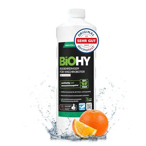 BiOHY Bodenreiniger für Wischroboter mit Orangenduft (1l Flasche) | Reinigungsmittel Konzentrat für alle Wischroboter | Schaumarm & Streifenfrei | Nachhaltiges 1:200 Konzentrat
