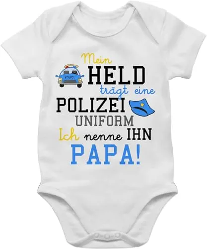 Baby Body Junge Mädchen - Sprüche - Mein Held trägt eine Polizeiuniform - Polizist Geschenk zur Geburt - 3/6 Monate - Weiß - strampler babymode witzig spruch dad bodys papa ist