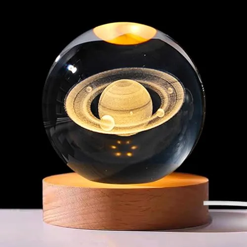 3D Kristallkugel Nachtlicht, 8cm Sonnensystem Glaskugel, 3D Sonnensystem Planeten Lampe mit USB, Kristallkugel Nachtlicht Kreative Nachtszene Astronomie LED Ball Lampe Mit Holzsockel für Home Deko