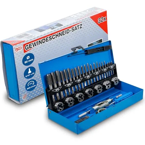 BGS-technic Gewindeschneider 901, 32-teilig Set für Innen- und Außengewinde - Schneidwerkzeuge mit umfassendem 32-teiligen Set für präzise Gewinde von M3 bis M12, inklusive Aufbewahrungskassette und vielseitigem Zubehör.