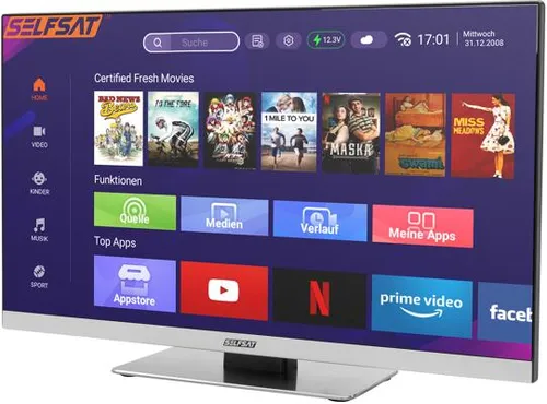 SELFSAT SMART LED TV 1255 (55cm/22") - Frameless Full-HD TV mit WLAN und Bluetooth - Fernseher mit 22" Bildschirmdiagonale, ideal für Streaming von Netflix & Co. dank Triple-Tuner und WLAN. Kompakt und vielseitig einsetzbar, auch im Wohnmobil!
