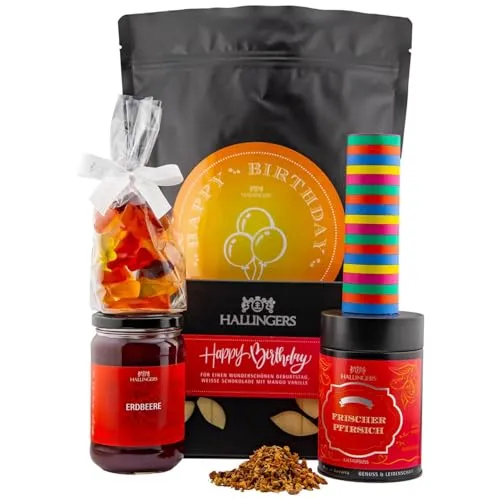 Hallingers Genuss Manufaktur Feinkost Geburtstagsgeschenk-Set - XXL-Wundertüte "Happy Birthday ..." großer Geburtstagsgruß Konfitüre, Eistee, Schoki, Fruchtsaftbären & mehr, Geschenke für Frauen