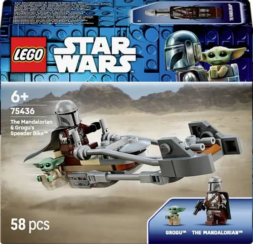 LEGO STAR WARS Der Mandalorianer und Grogu auf ihrem Speeder Bike (75436) - Erlebe Abenteuer auf Tatooine mit diesem LEGO Set! Enthält 58 Teile, ideal für Kinder ab 6 Jahren. Schnelles Zusammenbauen und kreative Action mit dem Mandalorianer und Grogu auf ihrem Speeder Bike.
