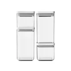 Brabantia Tasty eckige Vorratsdose 4er Set, hellgrau - Grau/Transparent - Vorratsgläser Set mit 4 Dosen, stapelbar und spülmaschinenfest. Der Silikondichtring hält Lebensmittel frisch, während der transparente Kunststoff den Inhalt sichtbar macht. Ideal für eine platzsparende Aufbewahrung in der Küche.