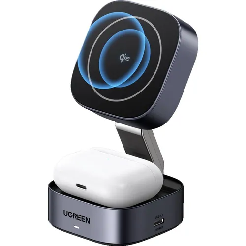 UGREEN MagFlow Qi2 - 15W 2 in 1 Ladestation mit MagSafe, faltbar und ideal für iPhone 12-16 und AirPods, flexibles Design und sicherer Schutz