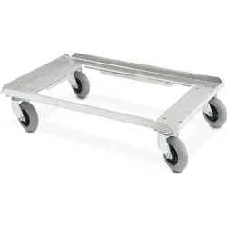 Flüsterroller Edelstahl Transportroller für Eurokästen - Edelstahl Transportroller für Behälter 600 x 400 mm. Mit flüsterleisen Polyurethan-Rädern für geräuscharmen Einsatz. Ideal für den professionellen Transport von Bäckerkörben und Eurokästen.