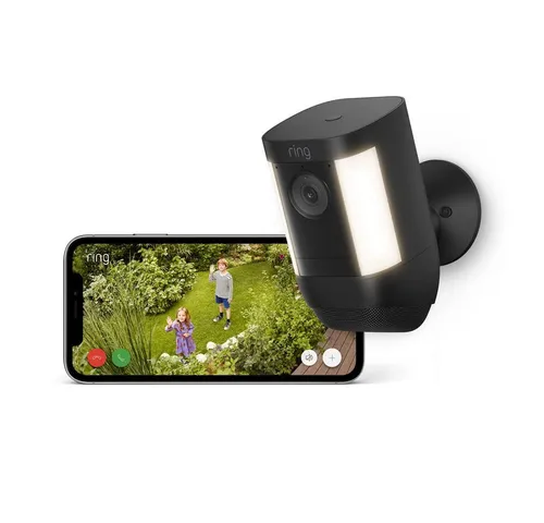 Ring Spotlight Cam Pro Battery Schwarz: Hochmoderne Überwachungskamera - Überwachungskamera mit 3D-Bewegungserfassung und Nachtsicht in Farbe für optimale Sicherheit, ideal für den Außenbereich.