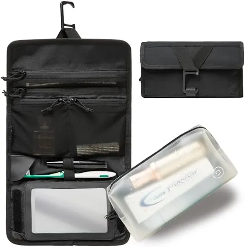 TRAVEL DUDE Faltbare Kulturtasche mit Kosmetiktasche - Praktische und kompakte Kulturtasche mit mehreren Fächern und integriertem Spiegel. Ideal für die Reise, einfach aufzuhängen und nach Gebrauch platzsparend zu verstauen. Aus recycelten Materialien für umweltbewusste Reisende.