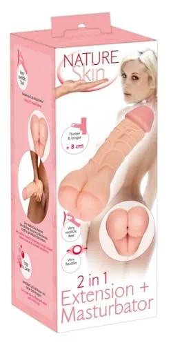 Nature Skin 2in1 Extension + Mastubator - Sexspielzeug für Männer, stimulierender Penis-Sleeve mit hautähnlicher Struktur für realistische Erfahrungen und effektive Penisverlängerung.