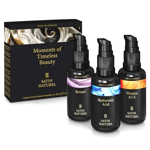 Satin Naturel Premium Geschenke für Frauen – 3x30ml Serum Set mit Retinol, Hyaluron & Vitamin C – Vegane Gesichtspflege in Premium Geschenkbox – Beauty Skincare Set für Geburtstag & besondere Anlässe