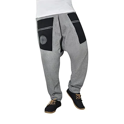 virblatt - Haremshose Damen & Haremshose Herren | Baumwolle | Goa Hose Herren Pumphose Aladinhose Hippie Hose leichte Sommerhose Yoga - Mondlandung S-M grau