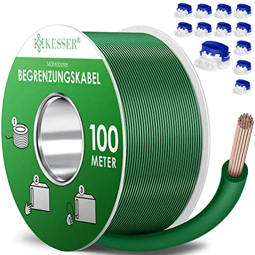 KESSER® Begrenzungskabel 100m + 12 Kabelverbinder für Mähroboter Rasenmäher Rasenroboter Zubehör Set Begrenzungsdraht Universal für Suchkabel kompatibel mit Gardena/Bosch/Worx/Einhell/Honda/ROBOMOW