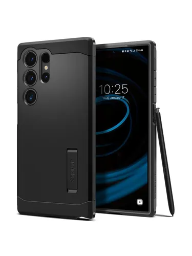 Spigen Tough Armor Hülle für Samsung Galaxy S24 Ultra - Schwarz - Standard Handyhüllen mit doppeltem Schutz aus TPU und Polykarbonat, inklusive eingebautem Kickstand für freihändiges Sehen und optimalem Display- sowie Kameraschutz.