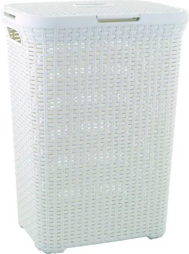 Curver Wäschekorb Style, creme, mit Deckel - Wäschesammler aus robustem Kunststoff im modischen Rattandesign, 60 Liter Fassungsvermögen und mit ergonomischen Griffen für einfachen Transport.