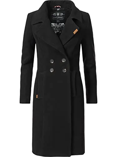 Navahoo Damen Wollmantel Wooly Schwarz Gr. XXL - Eleganter langer Trenchcoat in Woll-Optik, ideal für die kalte Jahreszeit mit tailliertem Schnitt und stylischem Reverskragen - der perfekte Begleiter für stilvolle Looks.