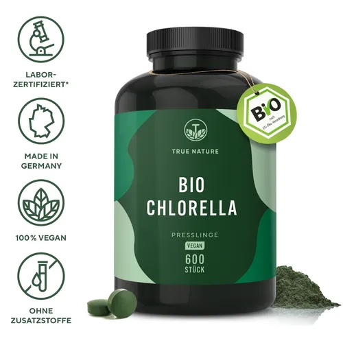 Chlorella Tabletten, 600 Presslinge - TRUE NATURE® - Nahrungsergänzungsmittel mit 100% reiner Chlorella vulgaris, vegan und ohne Zusatzstoffe. Ideal zur Unterstützung einer bewussten Ernährung mit 6000mg Nährstoffen pro Tagesdosis.