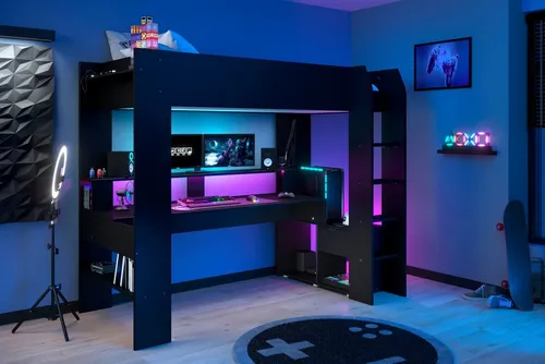 Parisot Hochbett Gaming-Bett mit Schreibtisch und LED-Beleuchtung - Betten: Innovatives Hochbett mit USB-Anschluss, LED-Beleuchtung und viel Stauraum – perfekt für kleine Räume!
