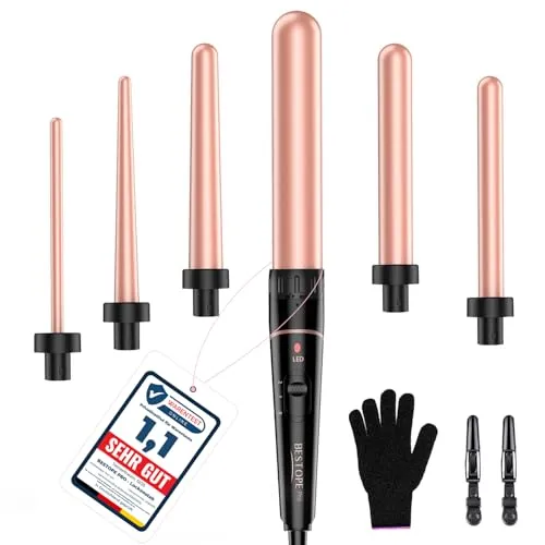 6 in 1 Lockenstab Set - Große und Kleine Locken - Zubehör für Elektrorasierer, mit 6 austauschbaren Aufsätzen und antistatischer Keramikbeschichtung für glänzende, langlebige Locken und schnelles Styling in nur 10-15 Minuten.