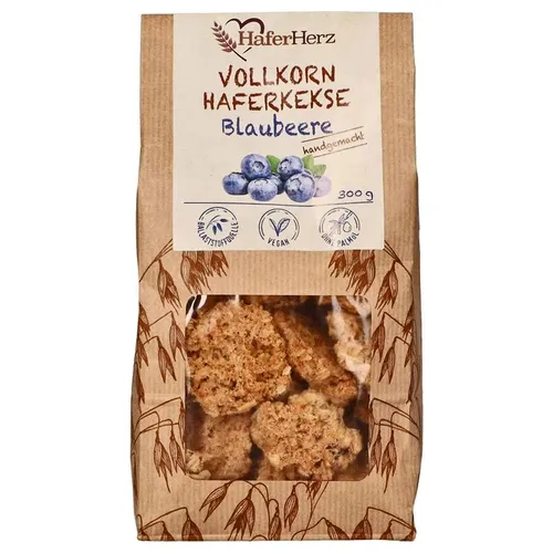 HaferHerz Vollkornhaferkekse Blaubeere, 300 g - Kekse mit fruchtiger Blaubeere und kernigem Vollkornhafer, handgemacht und ohne Palmöl, ideal für einen gesunden Snack.