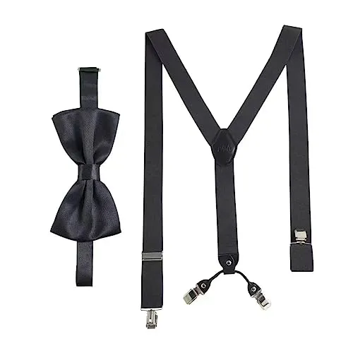 Massi Morino Hosenträger mit Fliege Grau Set für Herren und Damen I Y-Form Träger elastisch mit extra starken Clips - 3,5cm breit - längenverstellbar I Vorgebundener Schlips für Anzug