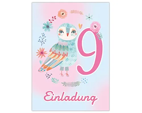 Junapack 12 Einladungskarten zum 9. Kindergeburtstag Einladung zum neunten Geburtstag Mädchen Eule