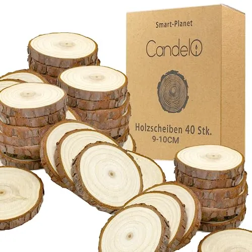 Candelo Kantholz 40 Holzscheiben - Rund 9 - 10 cm Durchmesser - Bastelzubehör aus Naturholz, ideal für kreative Projekte und individuelle Dekorationen. Jede Scheibe ist ein Unikat mit authentischer Rinde.