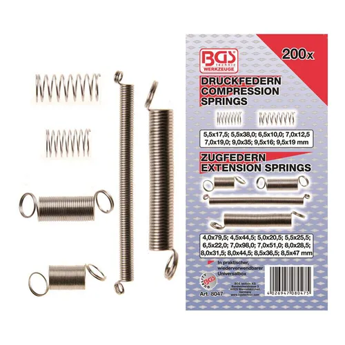 Federn-Sortiment Zug- und Druckfedern 200-tlg. im praktischen Kasten - Vielseitiges 200-teiliges Set von Zug- und Druckfedern, ideal für DIY- und Heimwerkerprojekte. Kompakt und ordentlich verpackt für einfachen Zugriff und Aufbewahrung.