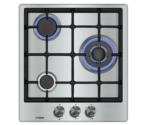 Phönix Germany Gas-Kochfeld PS-450T 3-flammig - Kochfeld für Propan- und Erdgas mit Zündsicherung, ideal für sicheres und effizientes Kochen in der Küche. Rahmenloses Design aus Edelstahl für einfache Reinigung.