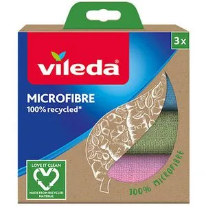 Vileda Allzwecktuch Microfibre 100% Recycled – 3er Set - Nachhaltige Mikrofasertücher aus 100% Recyclingmaterial, 30 x 30 cm, in blau, rot und grün. Waschbar bis 60 °C, ideal für streifenfreies Reinigen von glatten Oberflächen. Hohe Schmutzaufnahme für eine effiziente Reinigung.