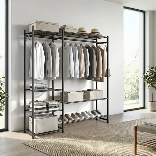 SONGMICS Offener Kleiderständer mit Metallrahmen und Ablagen, Schwarz - Dieser offene Kleiderständer bietet viel Platz für Ihre Kleidung und Accessoires. Mit robustem Metallrahmen, 2 Kleiderstangen und 7 Ablagen für eine praktische Aufbewahrung ist er ideal für Schlafzimmer und Flur.