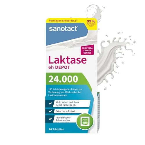 sanotact Laktase 24.000 6h DEPOT - Laktose Tabletten mit Depot-Wirkung - Verdauungsenzyme: Extra starke 24.000 FCC Einheiten pro Tablette für sofortige und langanhaltende Unterstützung bei Laktoseintoleranz, bis zu 6 Stunden Wirkung.