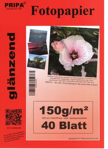 Blatt PRIPA Fotopapier DIN A3 (ca. 297-420mm) 150g/m² glossy/glänzend 40