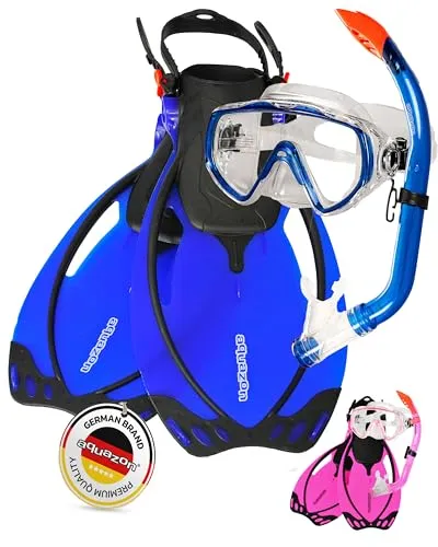AQUAZON Miami Schnorchelset, Schwimmset, Tauchset, Taucherbrille mit Anti Fog Tempered Glas, Silkon, Semi Dry Schnorchel, verstellbare Flossen für Kinder, Farbe:Dark Blue, Größe:32/37