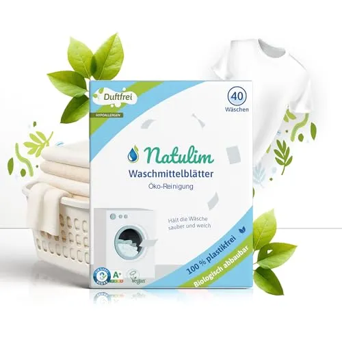 Natulim Waschmittel Blätter - Waschblätter für die Waschmaschine, Waschtücher für 40 Waschgänge - nachhaltige Waschstreifen ohne Plastik biologisch abbaubare Waschpapier Made in EU (Duftfrei)